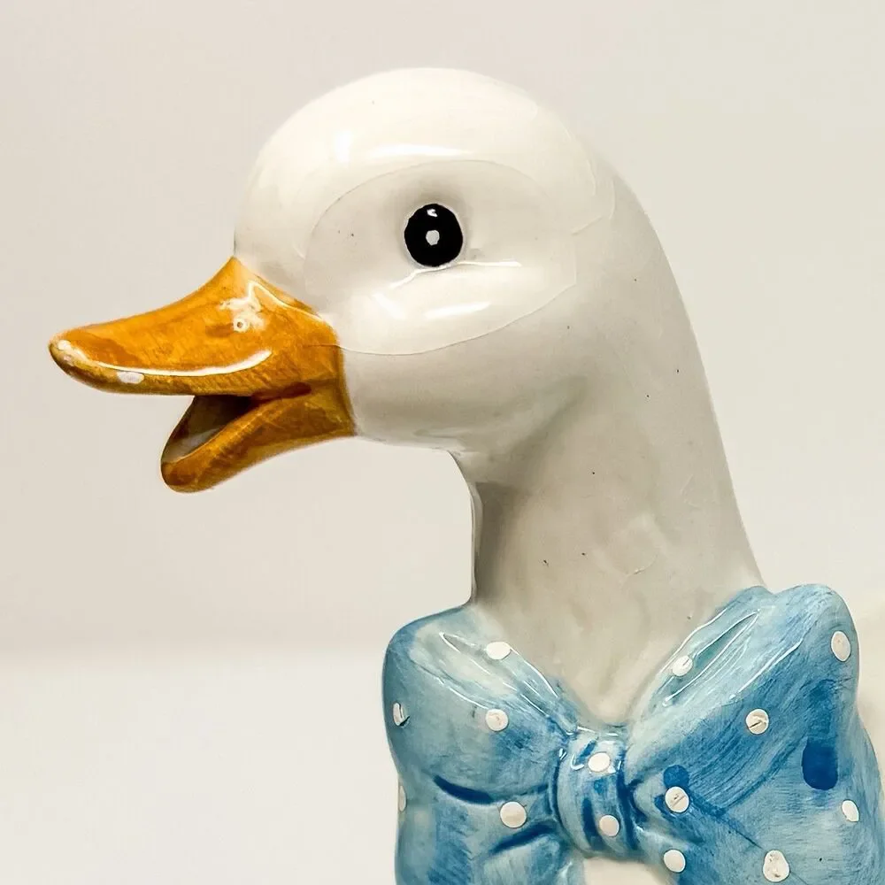 Vintage Ceramic Goose Teapot Blue Polka Dot Bow Cottagecore Country Kitchen